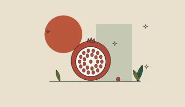 Ilustración de una granada abierta con una semilla separada del resto, sobre fondo arena.