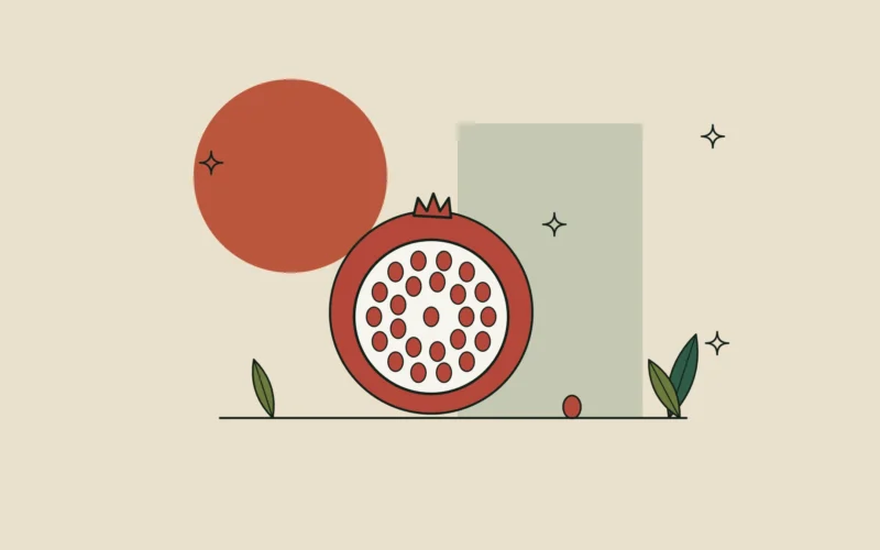 Ilustración de una granada abierta con una semilla separada del resto, sobre fondo arena.