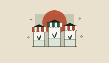 Tres puestos de feria con toldos a rayas y una planta en cada mostrador.