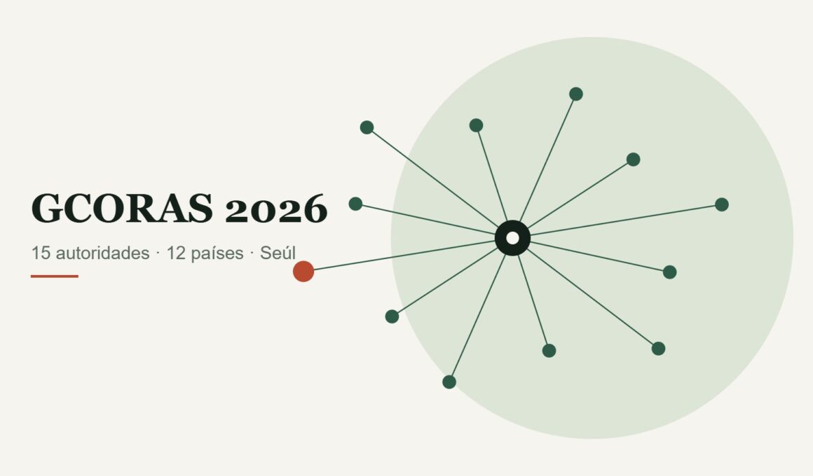 Ilustración de una red de doce nodos conectados a un punto central, junto al texto GCORAS 2026.