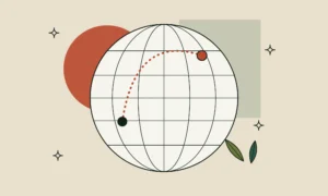 Globo terráqueo con un arco punteado que une Seúl con México