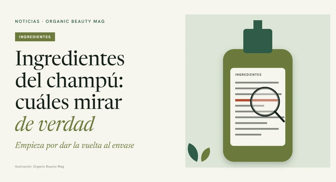 Envase de champú con etiqueta de ingredientes y una lupa sobre uno de ellos
