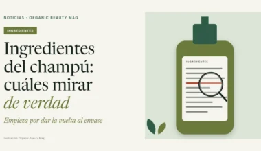Envase de champú con etiqueta de ingredientes y una lupa sobre uno de ellos