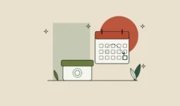 Ilustración de un tarro de crema con un sello en blanco junto a un calendario con una flecha que avanza, sobre fondo arena