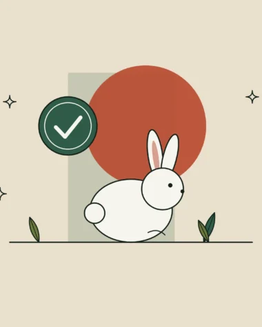 Conejo blanco junto a un sello verde con una marca de verificación.