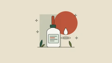 Ilustración de un frasco de sérum con gotero, una gota que cae sobre una superficie y hojas a su alrededor