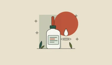 Ilustración de un frasco de sérum con gotero, una gota que cae sobre una superficie y hojas a su alrededor