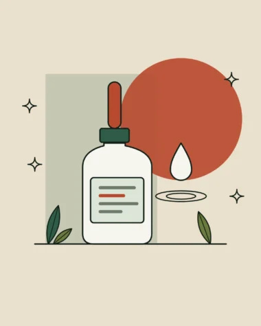 Ilustración de un frasco de sérum con gotero, una gota que cae sobre una superficie y hojas a su alrededor