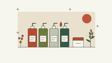 Ilustración de cuatro botellas dispensadoras de aceite y un tarro de crema junto a una rama de espino amarillo y una espiga de avena