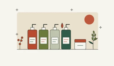 Ilustración de cuatro botellas dispensadoras de aceite y un tarro de crema junto a una rama de espino amarillo y una espiga de avena