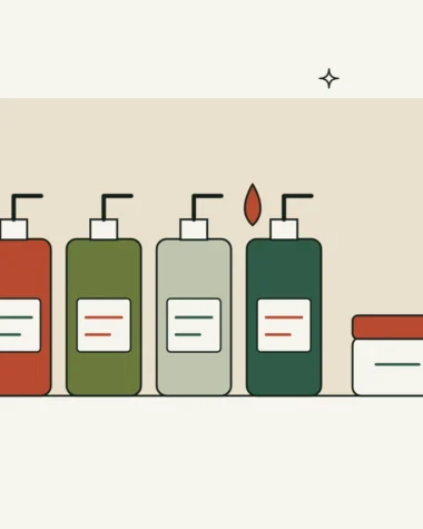 Ilustración de cuatro botellas dispensadoras de aceite y un tarro de crema junto a una rama de espino amarillo y una espiga de avena
