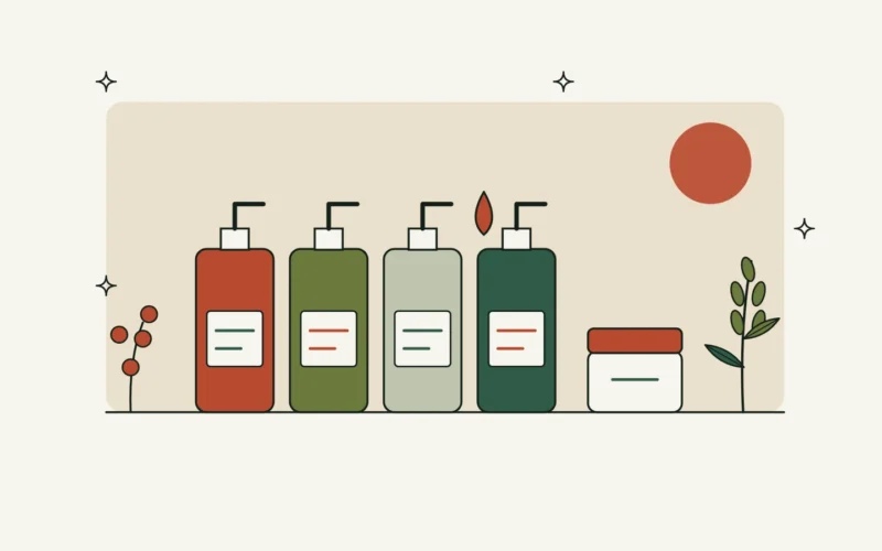 Ilustración de cuatro botellas dispensadoras de aceite y un tarro de crema junto a una rama de espino amarillo y una espiga de avena