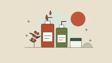 Ilustración de dos botellas dispensadoras, un tarro de crema, una rama de espino amarillo y medio coco sobre una repisa