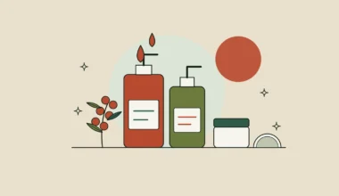 Ilustración de dos botellas dispensadoras, un tarro de crema, una rama de espino amarillo y medio coco sobre una repisa