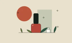 Ilustración de un frasco de esmalte de uñas con una hoja sobre fondo arena.