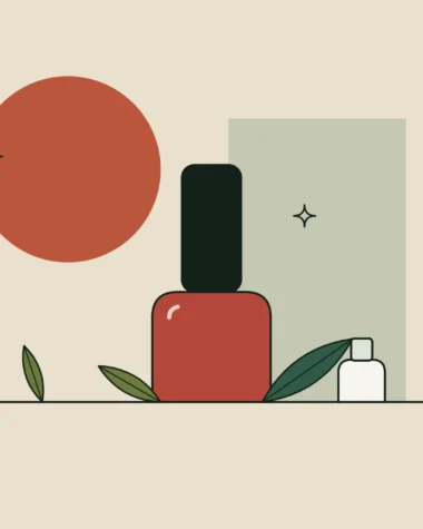 Ilustración de un frasco de esmalte de uñas con una hoja sobre fondo arena.