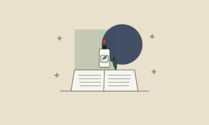 Ilustración de un frasco cuentagotas botánico sobre un expediente abierto con una hoja como marcapáginas