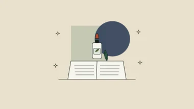 Ilustración de un frasco cuentagotas botánico sobre un expediente abierto con una hoja como marcapáginas