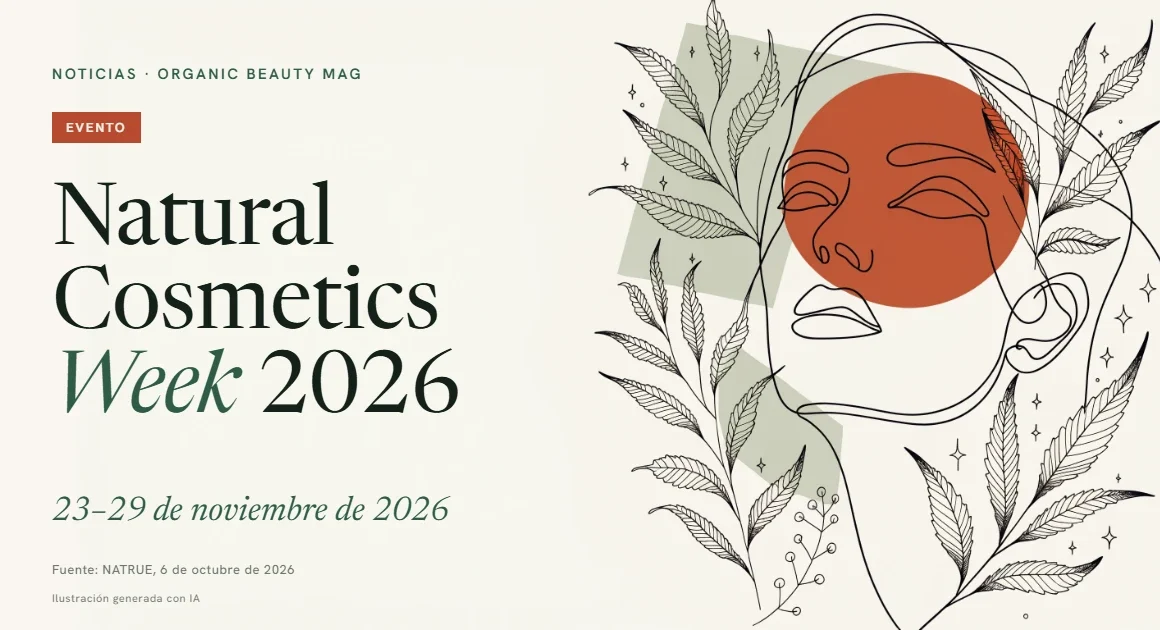 Ilustración de línea continua de un rostro femenino con hojas, rectángulo verde salvia y círculo terracota; titular Natural Cosmetics Week 2026, del 23 al 29 de noviembre