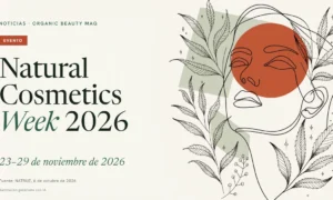 Ilustración de línea continua de un rostro femenino con hojas, rectángulo verde salvia y círculo terracota; titular Natural Cosmetics Week 2026, del 23 al 29 de noviembre