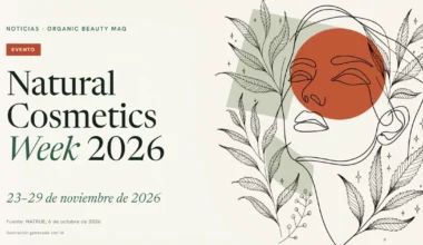 Ilustración de línea continua de un rostro femenino con hojas, rectángulo verde salvia y círculo terracota; titular Natural Cosmetics Week 2026, del 23 al 29 de noviembre