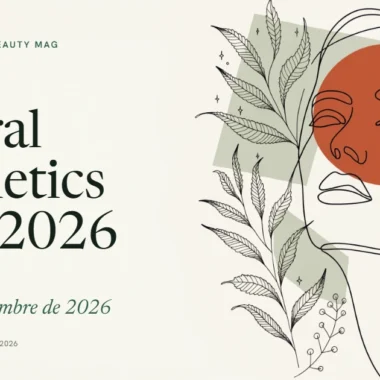 Ilustración de línea continua de un rostro femenino con hojas, rectángulo verde salvia y círculo terracota; titular Natural Cosmetics Week 2026, del 23 al 29 de noviembre