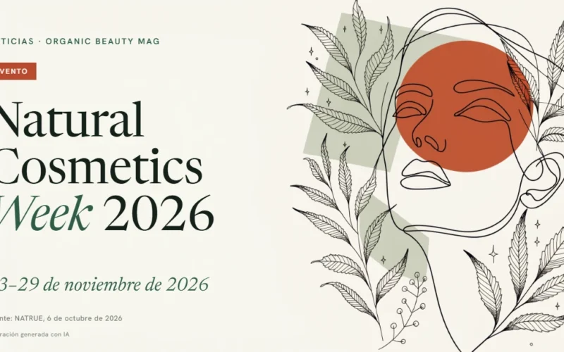 Ilustración de línea continua de un rostro femenino con hojas, rectángulo verde salvia y círculo terracota; titular Natural Cosmetics Week 2026, del 23 al 29 de noviembre
