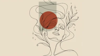 Ilustración de línea continua de un rostro femenino entre hojas, con un círculo terracota y un rectángulo salvia
