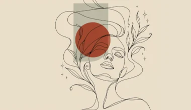 Ilustración de línea continua de un rostro femenino entre hojas, con un círculo terracota y un rectángulo salvia