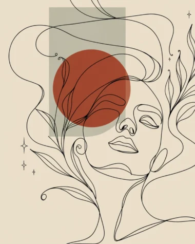 Ilustración de línea continua de un rostro femenino entre hojas, con un círculo terracota y un rectángulo salvia