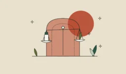 Ilustración de una balanza con un frasco de cosmético ante un arco de puerta sobre fondo arena.