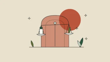 Ilustración de una balanza con un frasco de cosmético ante un arco de puerta sobre fondo arena.
