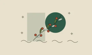 Ilustración de una rama de sargazo con sus flotadores sobre olas, el alga parda de la que se obtiene el fucoidano.
