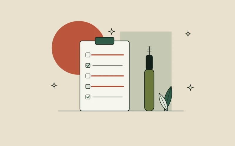 Ilustración de una lista con renglones tachados junto a un sérum de pestañas y hojas, sobre fondo arena