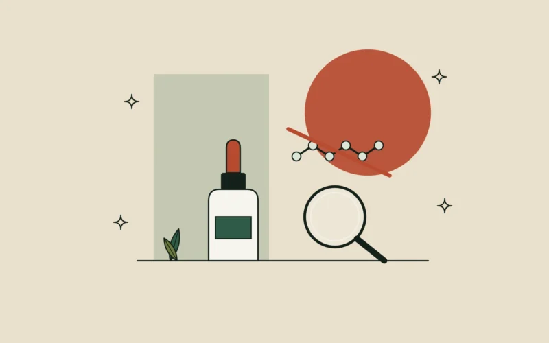 Ilustración de un frasco cuentagotas, una lupa y una cadena molecular tachada, sobre fondo arena