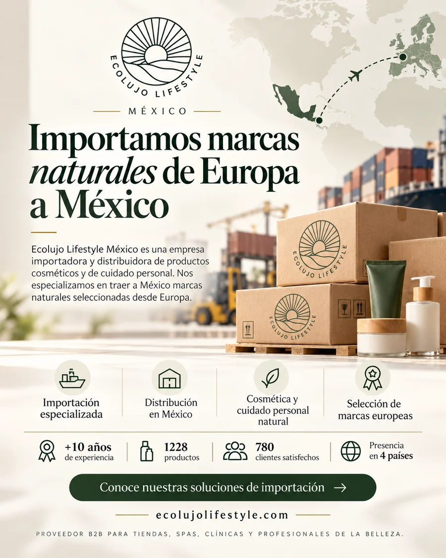 Anuncio de Ecolujo Lifestyle México: importamos marcas naturales de Europa a México. Importación especializada, distribución en México, cosmética y cuidado personal natural, selección de marcas europeas. Proveedor B2B para tiendas, spas, clínicas y profesionales de la belleza.