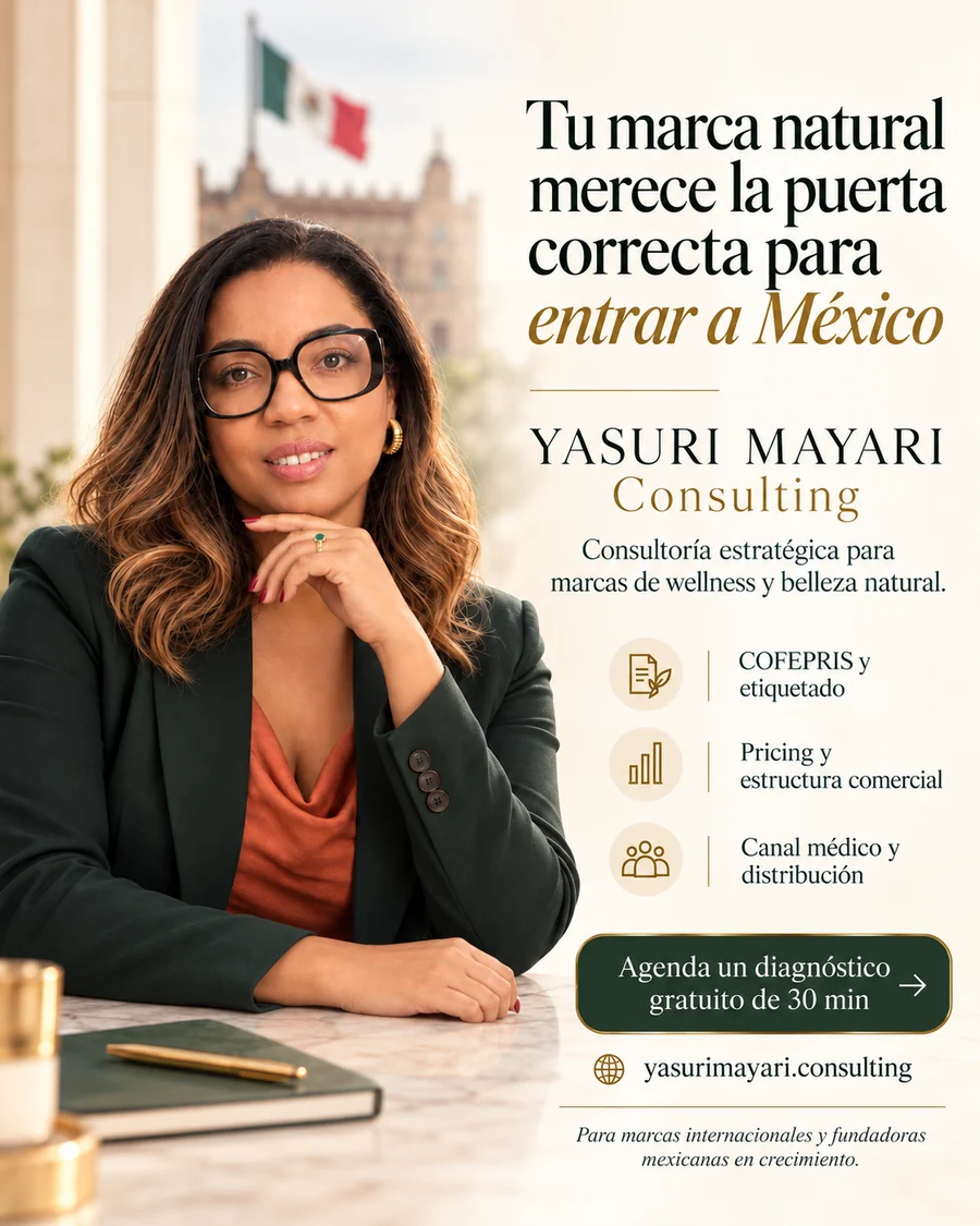 Anuncio de Yasuri Mayari Consulting: tu marca natural merece la puerta correcta para entrar a México. Consultoría estratégica para marcas de wellness y belleza natural: COFEPRIS y etiquetado, pricing y estructura comercial, canal médico y distribución. Diagnóstico gratuito de 30 minutos.