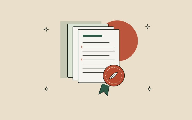 Ilustración de tres hojas de normativa superpuestas con un sello circular con una hoja