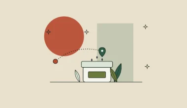 Ilustración de un tarro de crema con hojas frescas y una ruta punteada entre dos puntos, sobre fondo arena