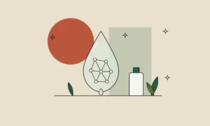 Ilustración de una gota de aceite con una malla de cadenas de polímero en su interior, sobre fondo arena