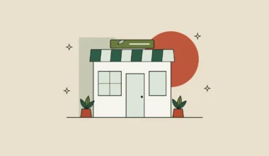 Ilustración de una tienda con toldo a rayas, letrero con una hoja y macetas en la puerta, evocando un herbolario.