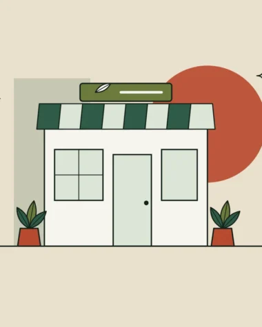 Ilustración de una tienda con toldo a rayas, letrero con una hoja y macetas en la puerta, evocando un herbolario.