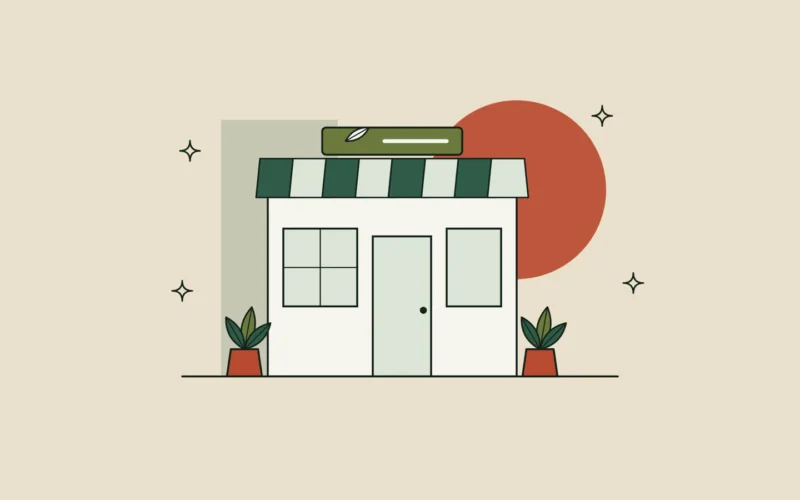 Ilustración de una tienda con toldo a rayas, letrero con una hoja y macetas en la puerta, evocando un herbolario.