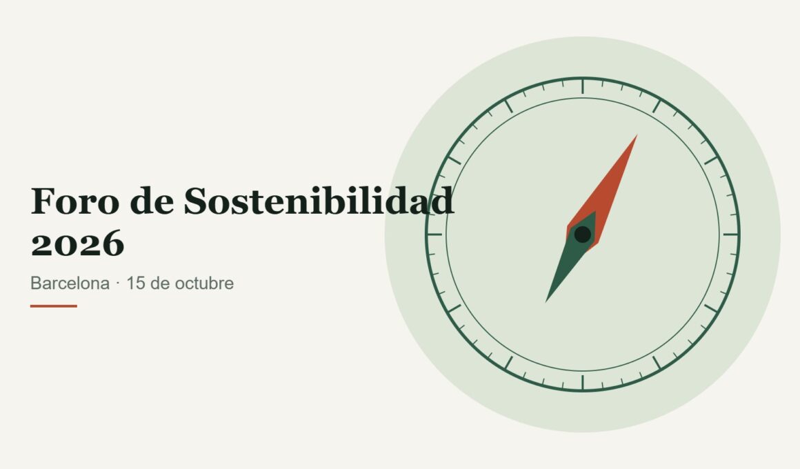 Ilustración de una brújula verde y arcilla junto al texto Foro de Sostenibilidad 2026, Barcelona.
