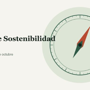 Ilustración de una brújula verde y arcilla junto al texto Foro de Sostenibilidad 2026, Barcelona.