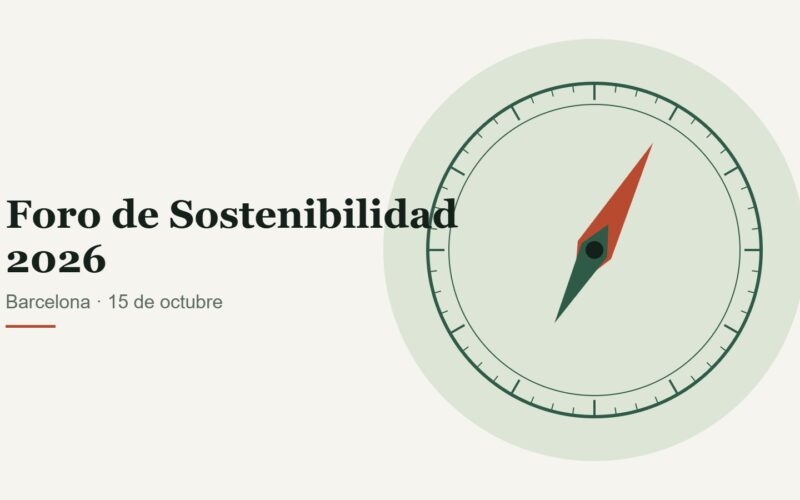Ilustración de una brújula verde y arcilla junto al texto Foro de Sostenibilidad 2026, Barcelona.