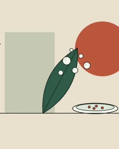 Ilustración de una hoja con pequeñas esferas y una placa de laboratorio, sobre fondo arena
