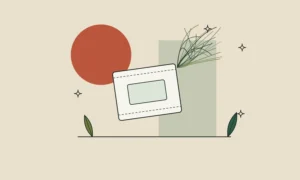 Ilustración de un sobre monodosis sellado con una nube de fibras finas sobre fondo arena
