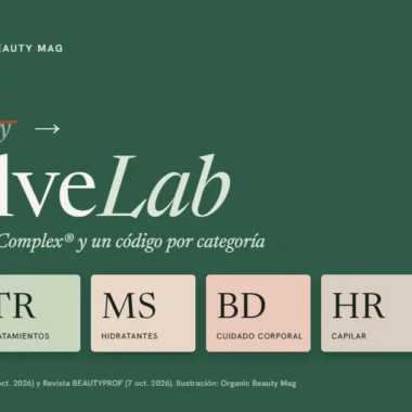 Gráfico tipográfico sobre fondo verde: el nombre Twelve Beauty tachado y twelveLab en grande, con seis fichas de códigos de categoría CL, TR, MS, BD, HR y MU