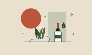 Ilustración de una raíz con hojas, un frasco cuentagotas y una gota, sobre fondo arena